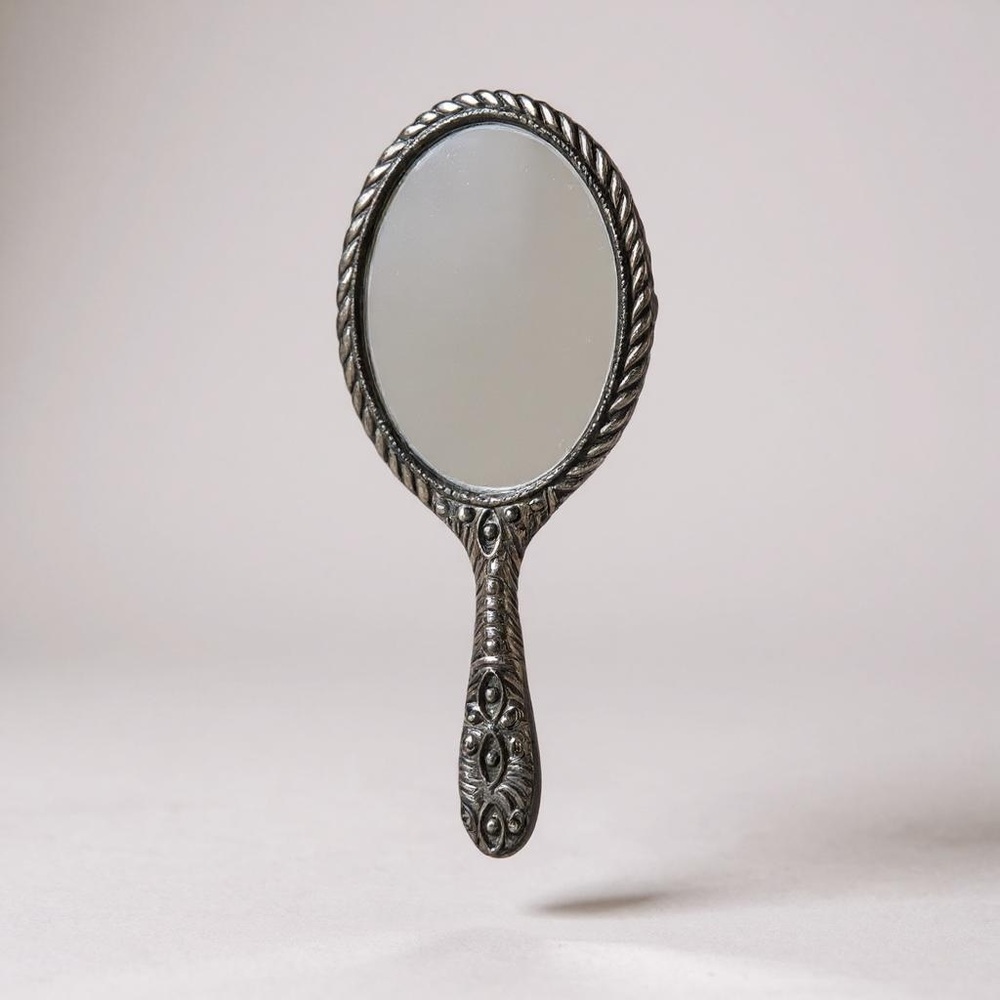 90s antique-inspired Repousse silver-tone 5" mini hand-held vanity mirror